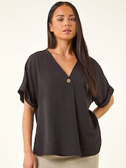 Roman Black Petite One Buttoned V-Neck Top - Image 4 of 5
