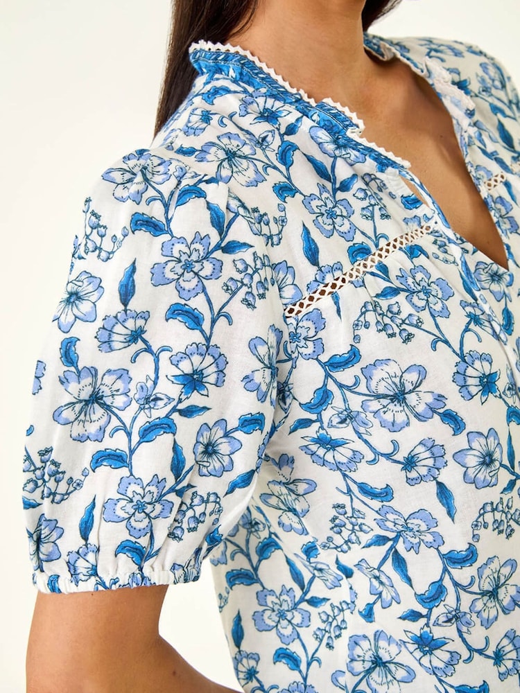 Roman Blue Petite Floral Border V-Neck Top - Image 6 of 6