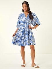 Roman Blue Petite Print Button Smock Dress - Image 2 of 5
