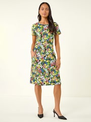 Roman Black Petite Floral Print Pocket Dress - Image 2 of 5