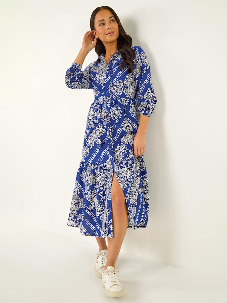 Roman Blue Petite Print Tiered Shirt Midi Dress - Image 1 of 5
