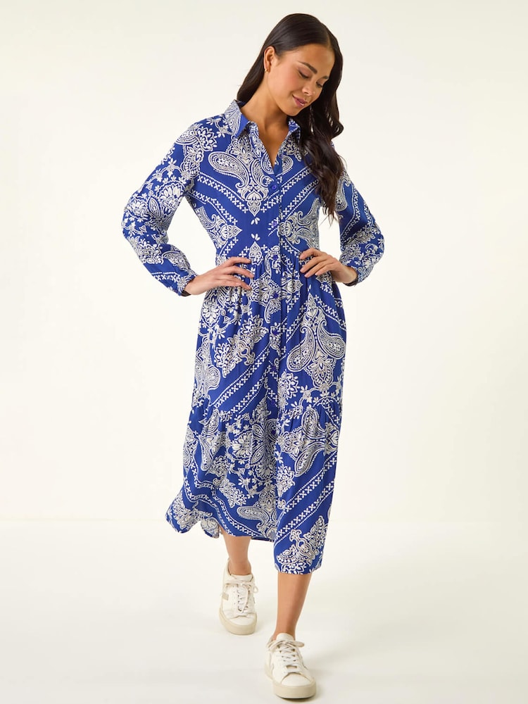 Roman Blue Petite Print Tiered Shirt Midi Dress - Image 2 of 5