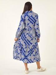 Roman Blue Petite Print Tiered Shirt Midi Dress - Image 3 of 5