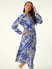 Roman Blue Petite Print Tiered Shirt Midi Dress - Image 4 of 5