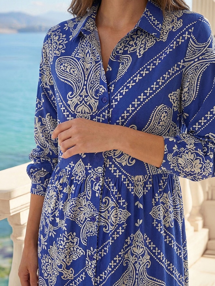 Roman Blue Petite Print Tiered Shirt Midi Dress - Image 4 of 4 Roman Blue Petite Print Tiered Shirt Midi Dress - Image 4 of 4