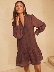 Love & Roses Chocolate Brown Lace Detail Drop Waist Mini Dress - Image 1 of 4