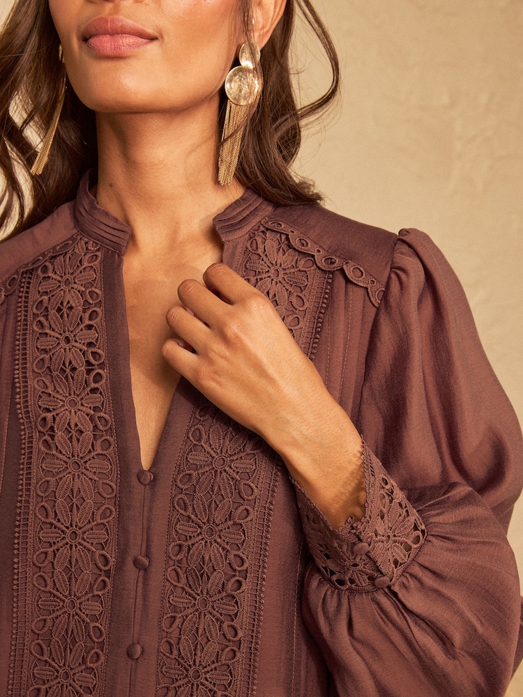 Love & Roses Chocolate Brown Lace Detail Drop Waist Mini Dress - Image 2 of 4