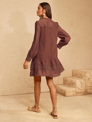 Love & Roses Chocolate Brown Lace Detail Drop Waist Mini Dress - Image 4 of 4