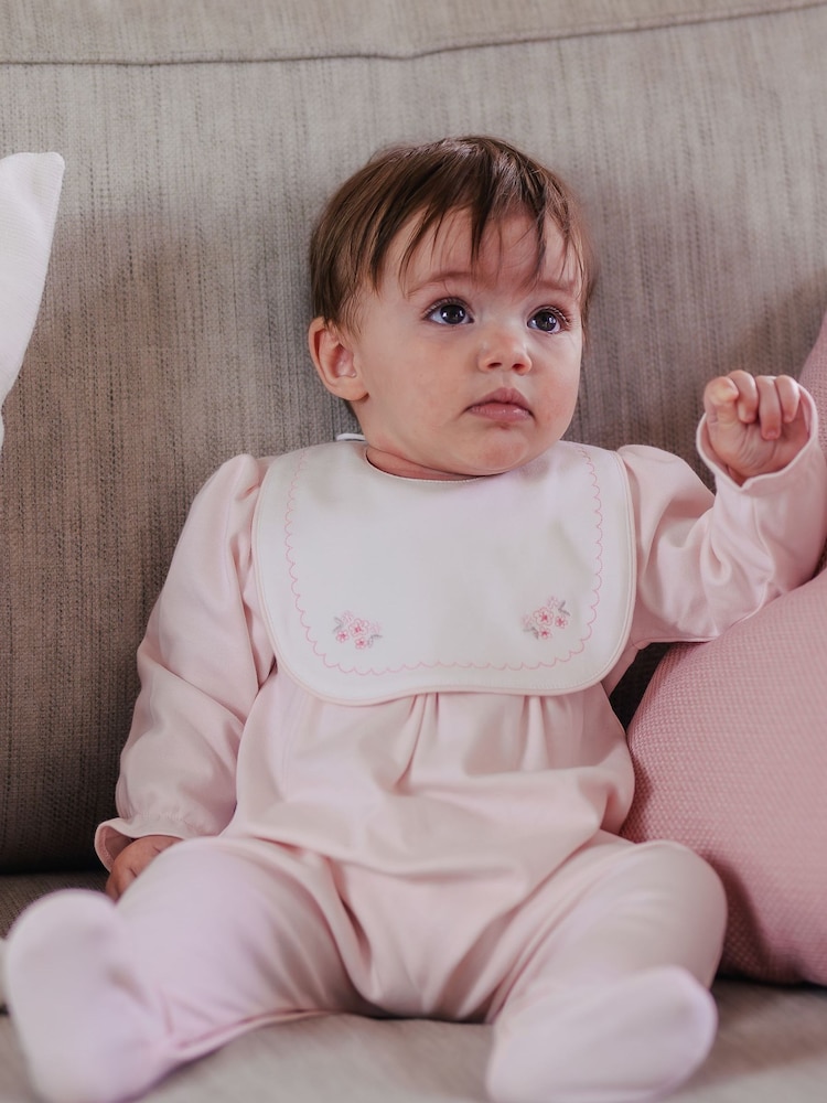 Emile Et Rose Pink Lisa All-In-One with Feet & Pretty Embroidered Bib - Image 1 of 7