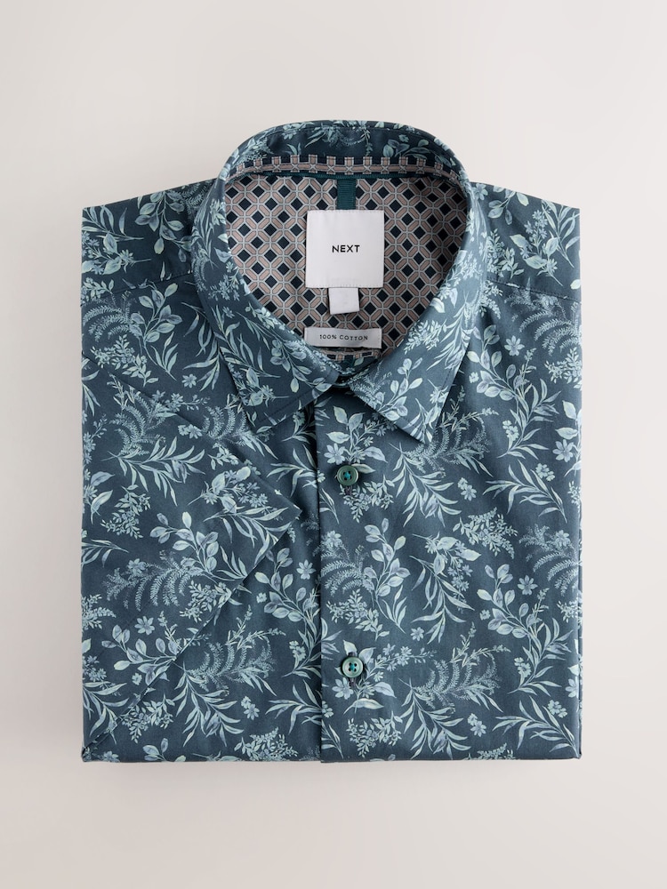 Navy Blue Floral Regular Fit Cotton Short Sleeve Print Shirt - Image 1 of 2 Navy Blue Floral Regular Fit Cotton Short Sleeve Print Shirt - Image 1 of 2