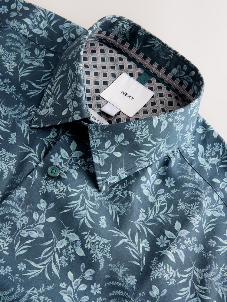 Navy Blue Floral Regular Fit Cotton Short Sleeve Print Shirt - Image 2 of 2 Navy Blue Floral Regular Fit Cotton Short Sleeve Print Shirt - Image 2 of 2
