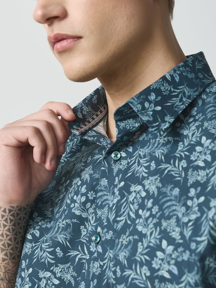 Navy Blue Floral Regular Fit Cotton Short Sleeve Print Shirt - Image 4 of 4 Navy Blue Floral Regular Fit Cotton Short Sleeve Print Shirt - Image 4 of 4