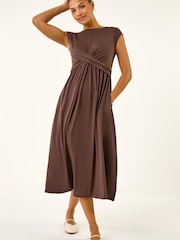 Roman Brown Cross-Over Front Stretch Midi Dress - Image 1 of 5