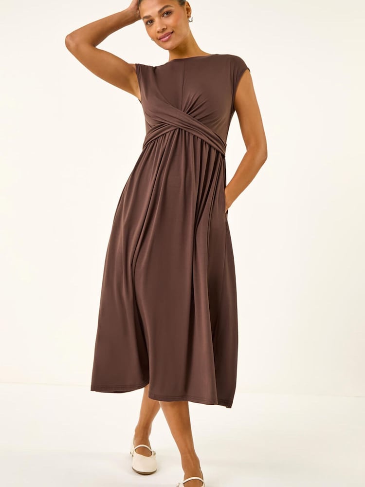 Roman Brown Cross-Over Front Stretch Midi Dress - Image 1 of 5