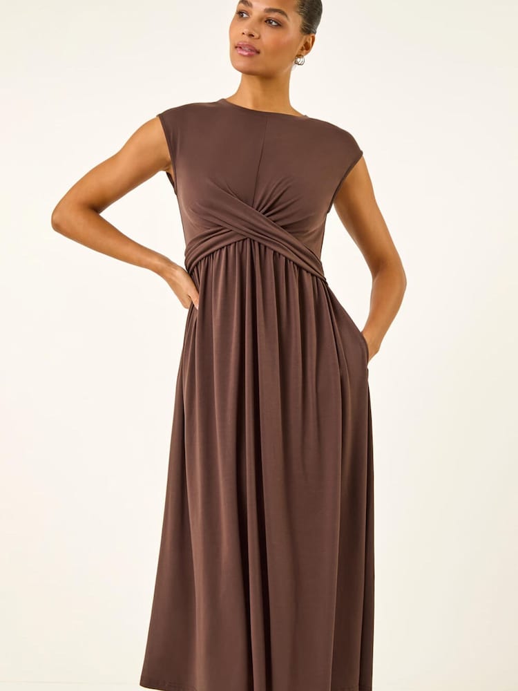 Roman Brown Cross-Over Front Stretch Midi Dress - Image 2 of 5