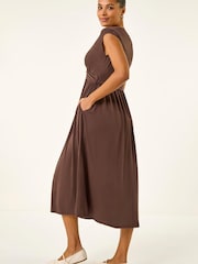 Roman Brown Cross-Over Front Stretch Midi Dress - Image 3 of 5