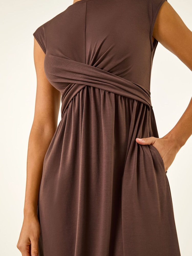Roman Brown Cross-Over Front Stretch Midi Dress - Image 5 of 5