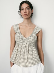 BHOEM Green/Ecru Gingham Seersucker Draped Peplum Top - Image 1 of 5