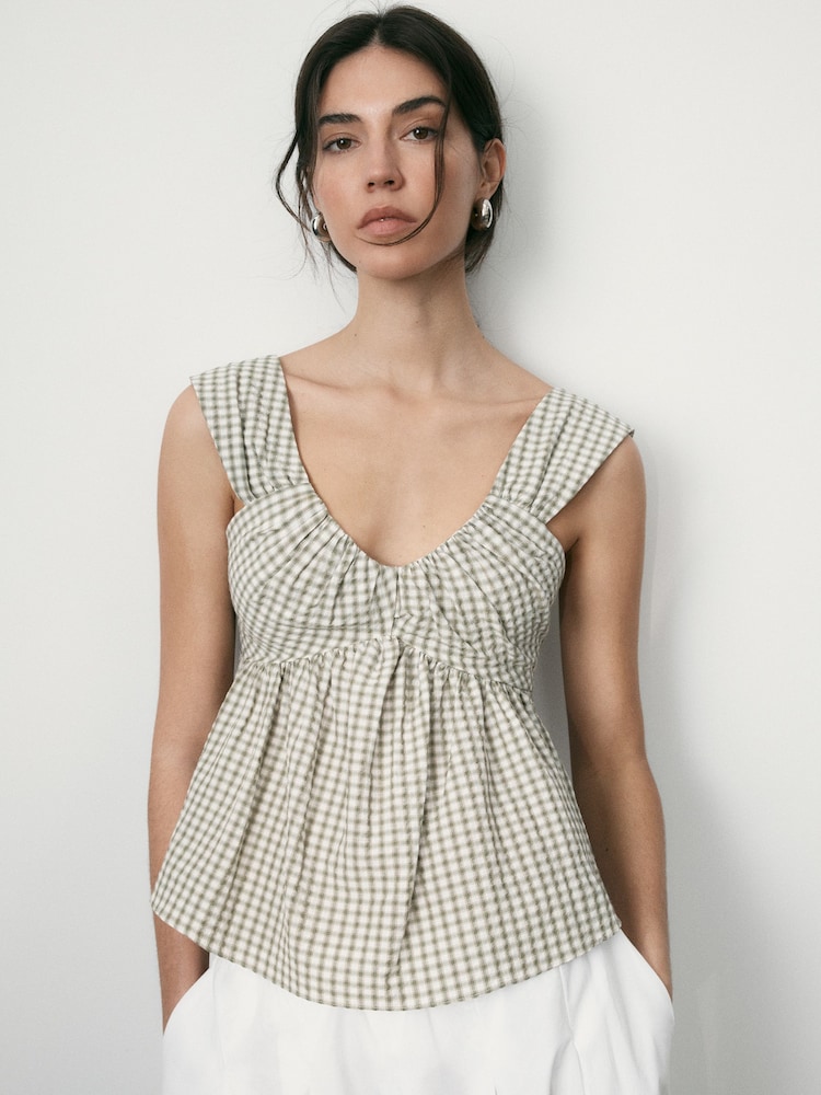 BHOEM Green/Ecru Gingham Seersucker Draped Peplum Top - Image 1 of 5