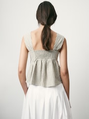 BHOEM Green/Ecru Gingham Seersucker Draped Peplum Top - Image 2 of 5