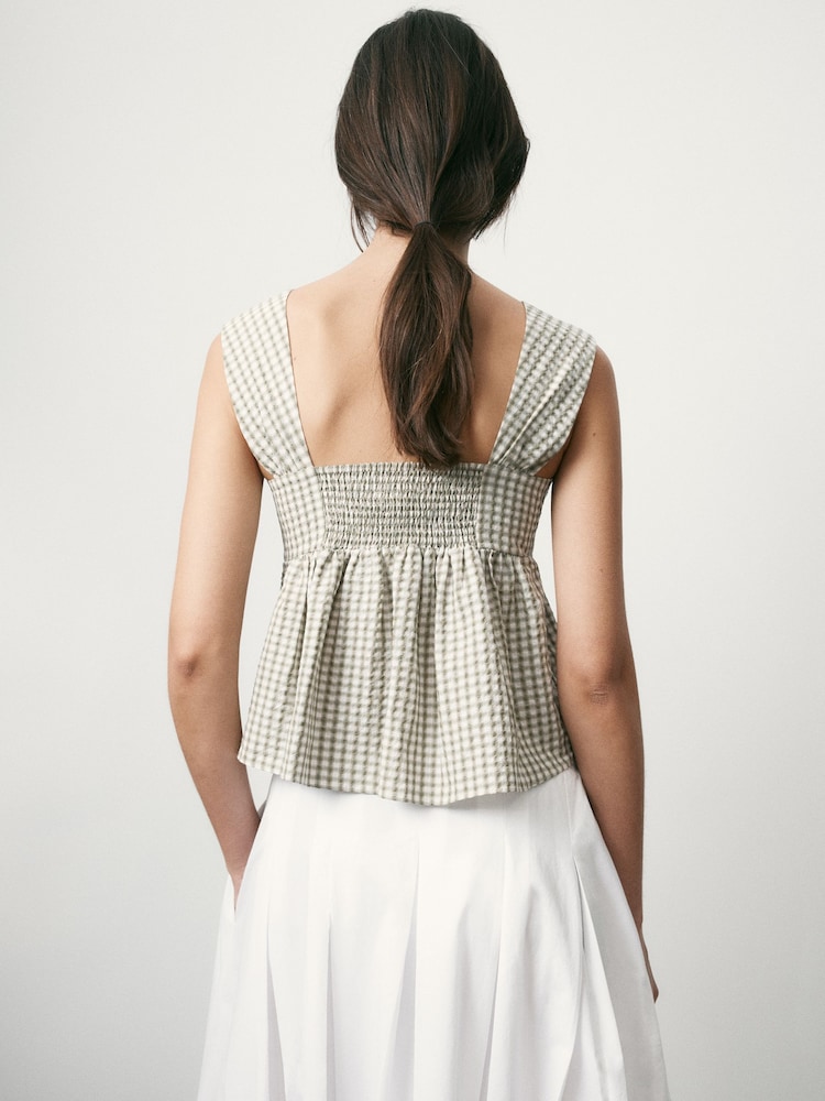 BHOEM Green/Ecru Gingham Seersucker Draped Peplum Top - Image 2 of 5