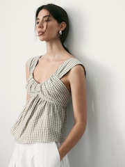 BHOEM Green/Ecru Gingham Seersucker Draped Peplum Top - Image 3 of 5