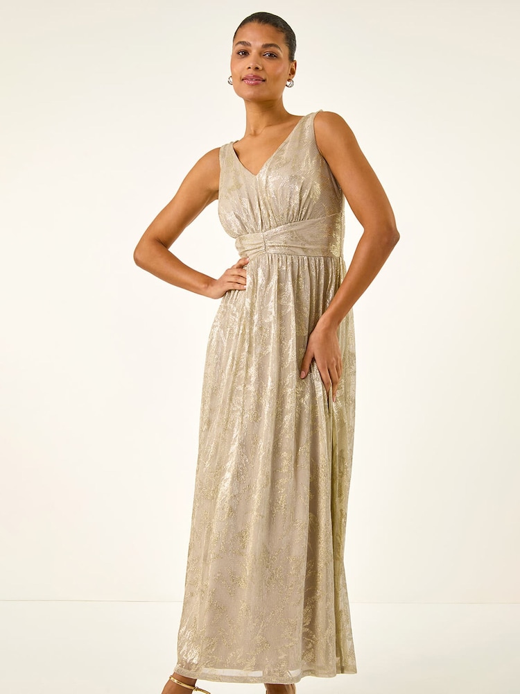 Roman Metallic Foil Print Twist Front Stretch Midi Dress - Image 2 of 5