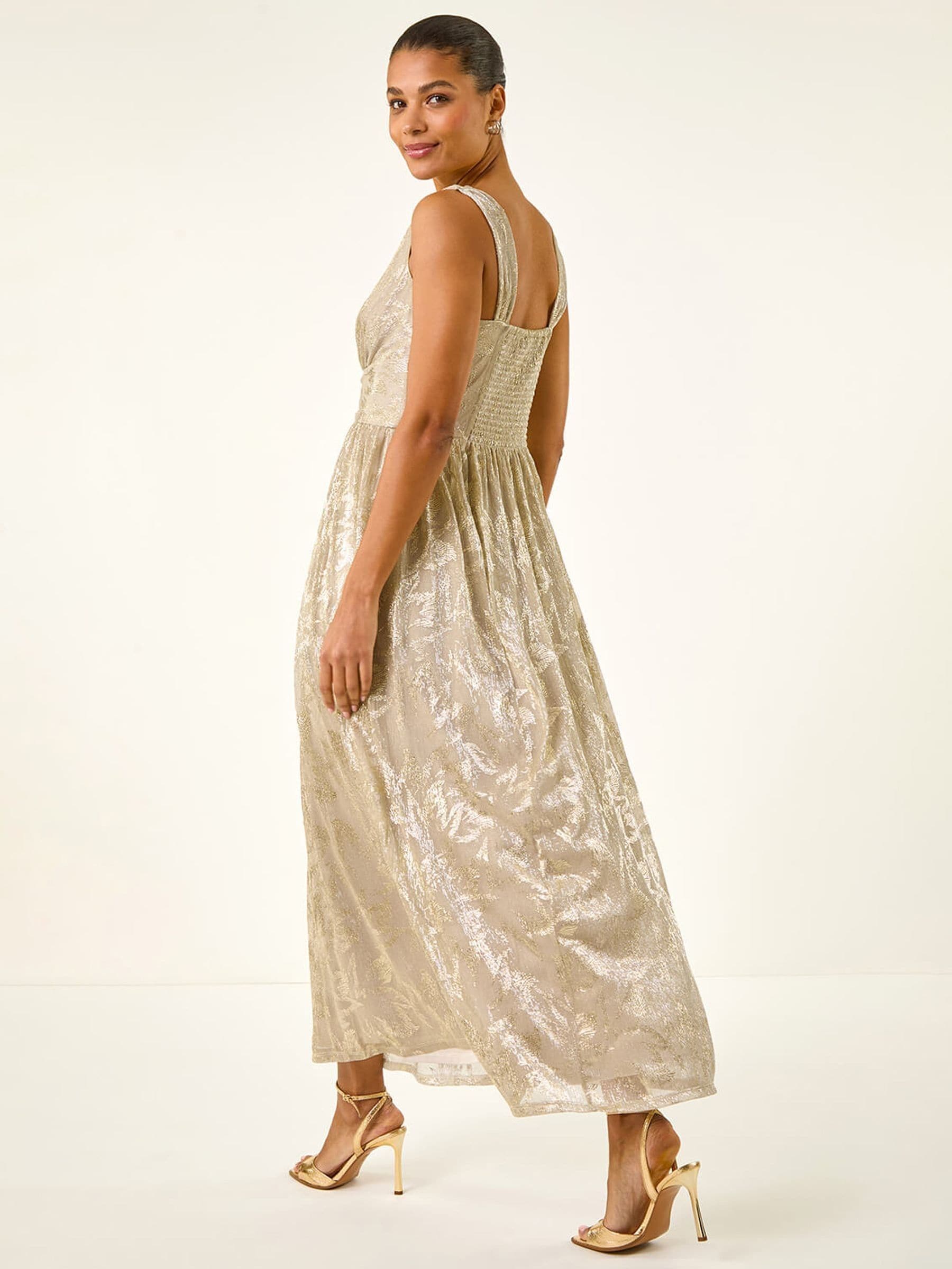 Buy Roman Metallic Foil Print Twist Front Stretch Midi Dress from