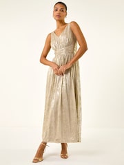 Roman Metallic Foil Print Twist Front Stretch Midi Dress - Image 4 of 5