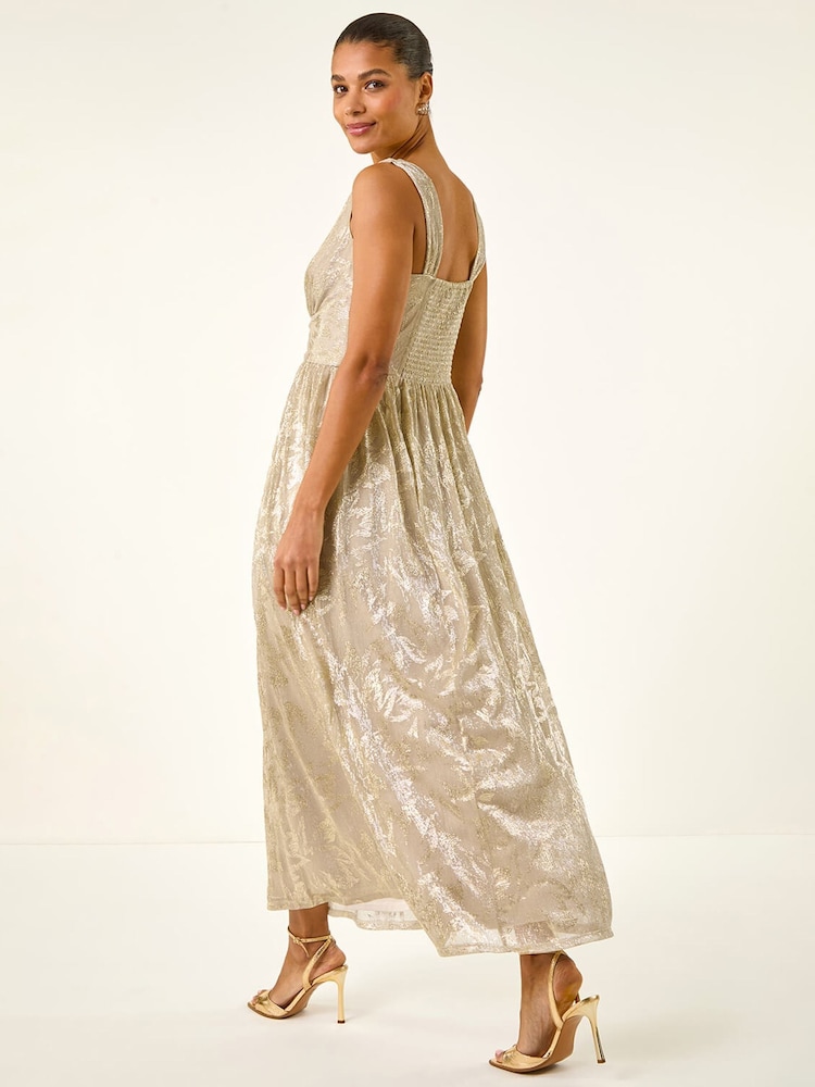 metallic foil print dress Rometta Plus Size Women's Metallic Foil Print Overlap V-Neck Lantern Sleeve Elegant Dress
