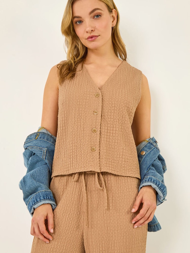 Roman Brown Crinkle Textured Waist Coat - Image 1 of 5