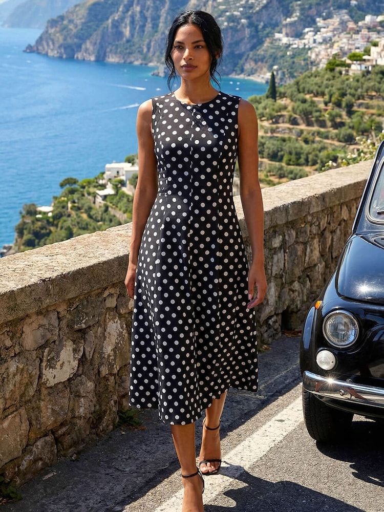 Negru - Rochie midi Roman cu panou cu buline - Imaginea 1 din 5