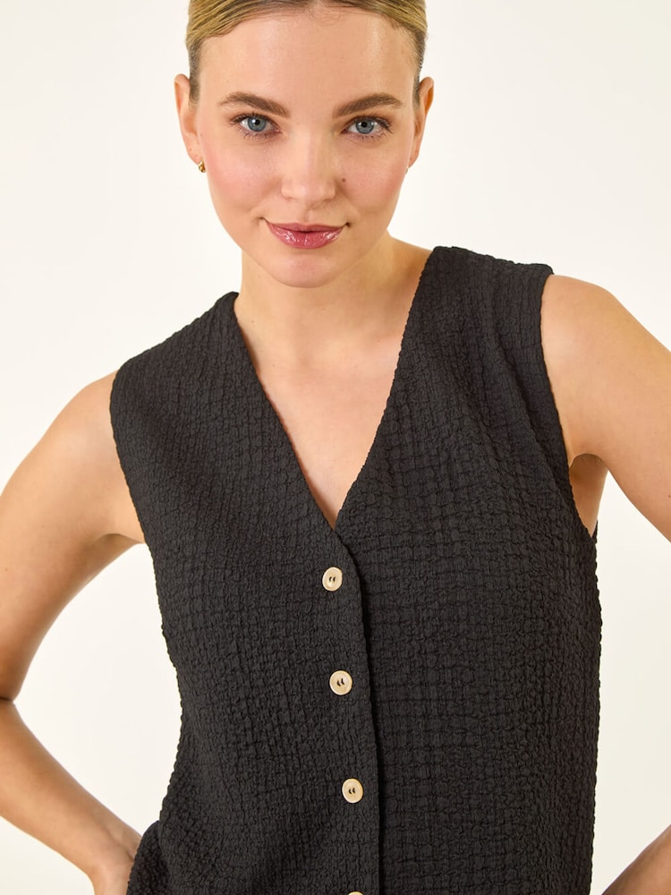 Roman Black Crinkle Textured Waist Coat - Image 1 of 5