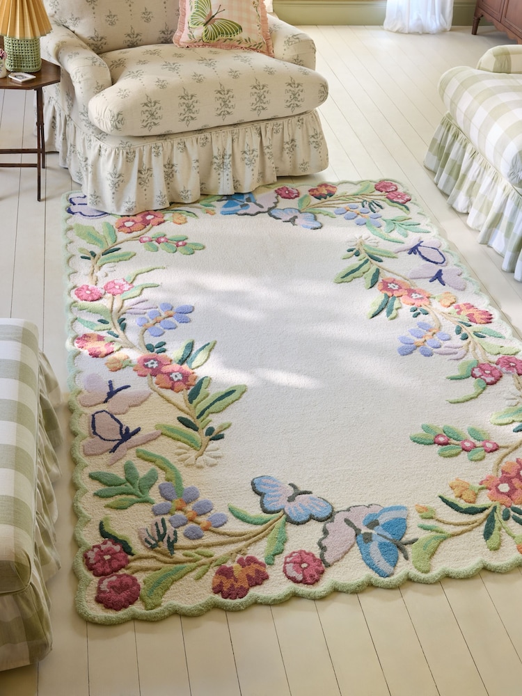 Cath Kidston Natural Butterfly Border Wool Rug - Image 1 of 5