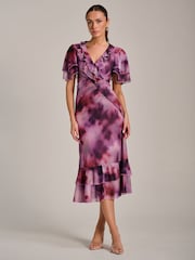 Jolie Moi Purple Ruffle Detail Ruched Mesh Midaxi Dress - Image 1 of 6