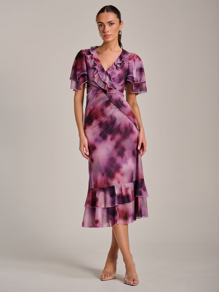 Jolie Moi Purple Ruffle Detail Ruched Mesh Midaxi Dress - Image 1 of 6