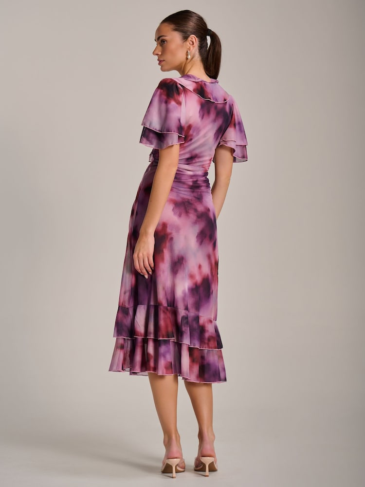 Jolie Moi Purple Ruffle Detail Ruched Mesh Midaxi Dress - Image 2 of 6