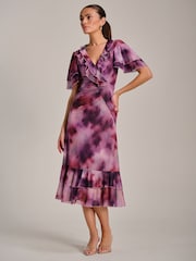 Jolie Moi Purple Ruffle Detail Ruched Mesh Midaxi Dress - Image 5 of 6