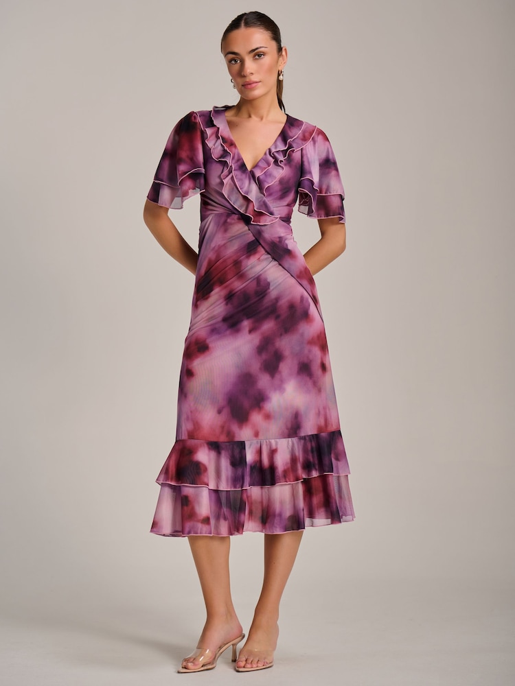 Jolie Moi Purple Ruffle Detail Ruched Mesh Midaxi Dress - Image 6 of 6