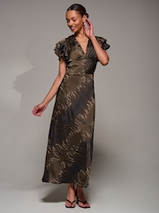 Jolie Moi Brown Ruffle Sleeve Print Satin Maxi Dress - Image 1 of 6