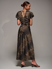 Jolie Moi Brown Ruffle Sleeve Print Satin Maxi Dress - Image 2 of 6
