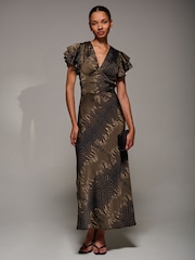 Jolie Moi Brown Ruffle Sleeve Print Satin Maxi Dress - Image 3 of 6