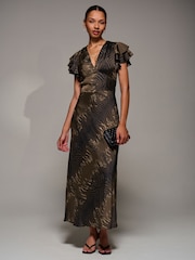 Jolie Moi Brown Ruffle Sleeve Print Satin Maxi Dress - Image 5 of 6