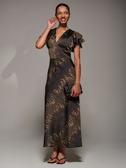 Jolie Moi Brown Ruffle Sleeve Print Satin Maxi Dress - Image 6 of 6