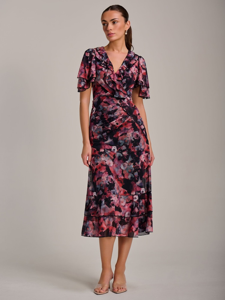 Jolie Moi Black Ruffle Detail Ruched Mesh Midaxi Dress - Image 1 of 6