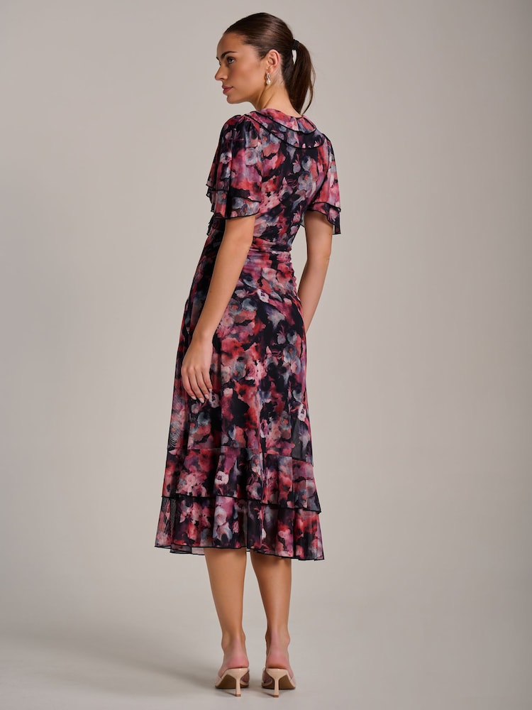 Jolie Moi Black Ruffle Detail Ruched Mesh Midaxi Dress - Image 2 of 6