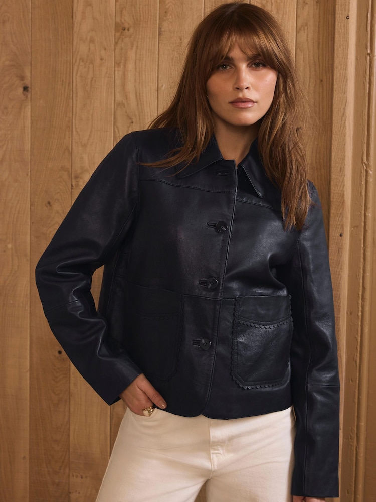 Mint Velvet Blue Leather Scallop Detail Jacket - Image 2 of 8