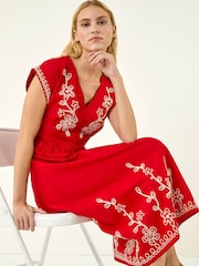 Roman Red Embroidered V-Neck Midi Dress - Image 1 of 5