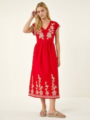 Roman Red Embroidered V-Neck Midi Dress - Image 2 of 5