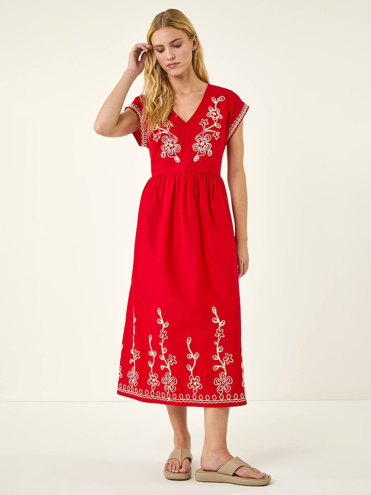 Roman Red Embroidered V-Neck Midi Dress - Image 2 of 5